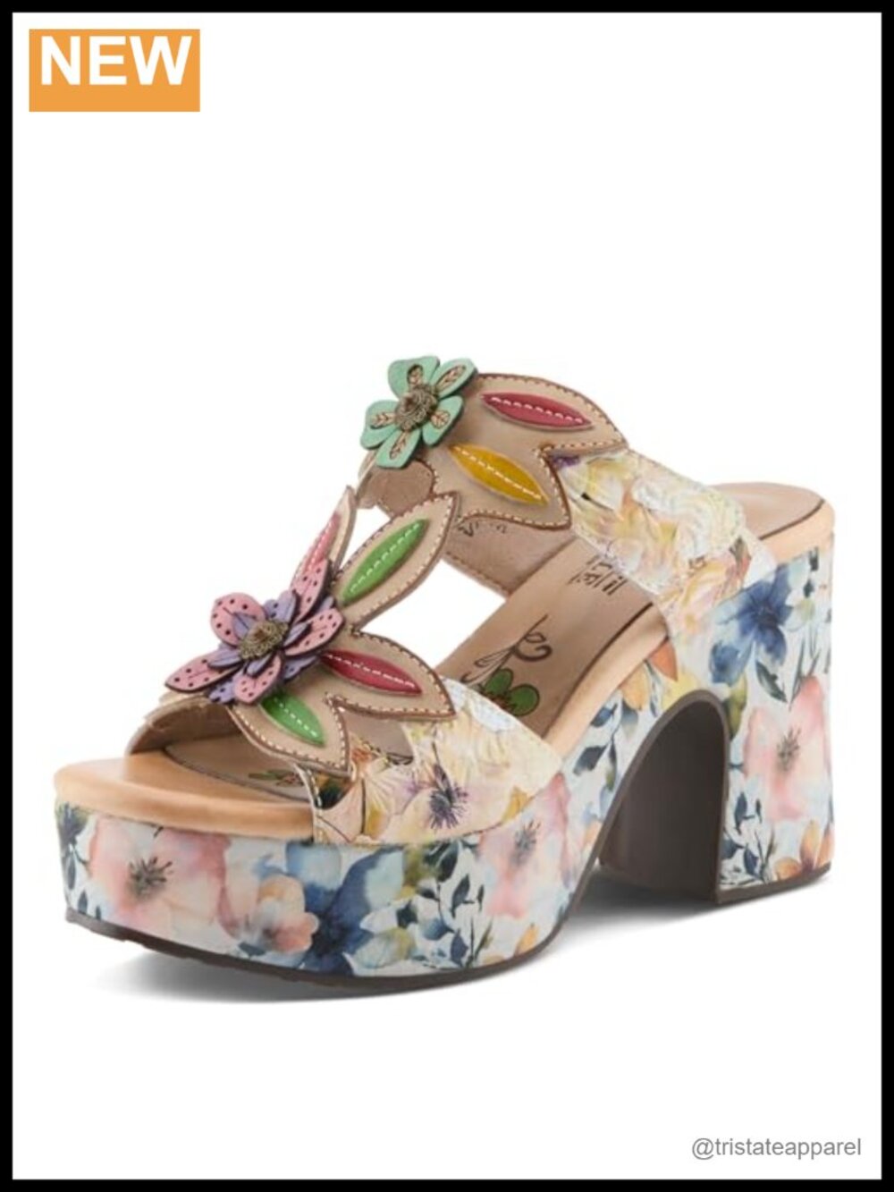 Hand-Painted Leather Platform Sandal with 3D Floral Appliqués & Cushioned Insole
